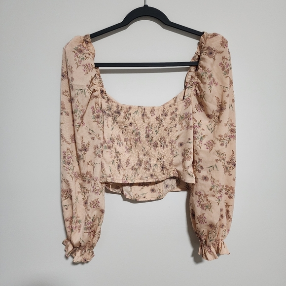 ASTR The Label Top Womens Small Blush Pink Floral Crop Blouse Long Sleeve - Picture 7 of 9